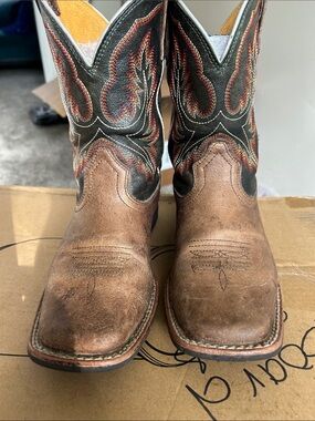 Ariat Brown Distressed Leather Cowboy Boots with Black Shaft and Red Stitching